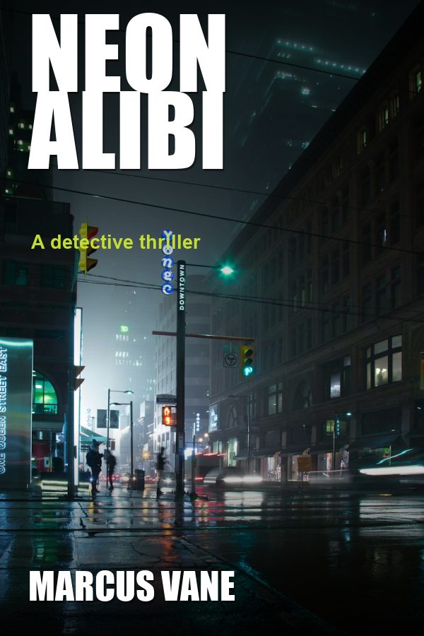 Neon Alibi by Marcus Vane, book cover design